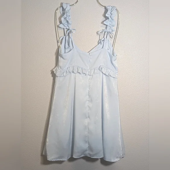 🌸 NWT Wild Fable Ruffled Satin Mini Dress - Light Blue Slip Dress - Size Small - Picture 2 of 8